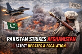 Pakistan Strikes Afghanistan illustration showing fighter jet airstrikes near the border with smoke rising over mountainous terrain, symbolizing escalating cross-border tensions and military operations.