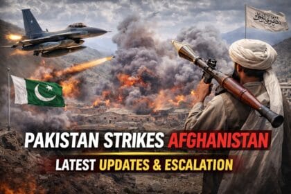 Pakistan Strikes Afghanistan illustration showing fighter jet airstrikes near the border with smoke rising over mountainous terrain, symbolizing escalating cross-border tensions and military operations.