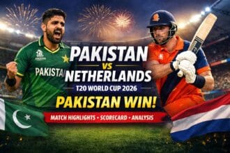 Pakistan vs Netherlands T20 World Cup 2026 match image showing Pakistan celebrating victory against Netherlands in a packed stadium with match highlights theme.