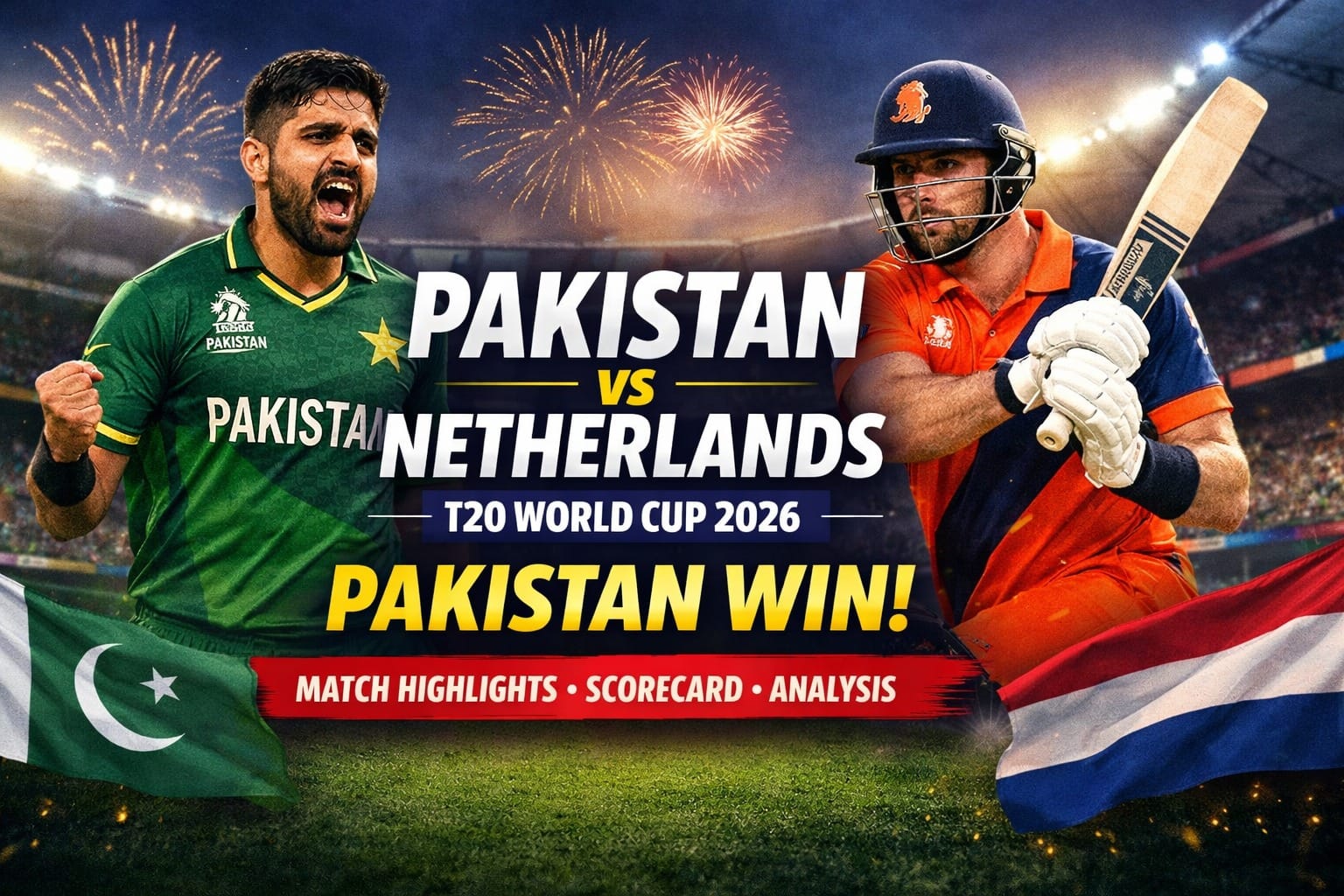 Pakistan vs Netherlands T20 World Cup 2026 match image showing Pakistan celebrating victory against Netherlands in a packed stadium with match highlights theme.