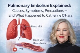 Illustration explaining pulmonary embolism with a blood clot blocking the lung artery, showing deep vein thrombosis traveling from the leg to the lungs, alongside a portrait of actress Catherine O’Hara.