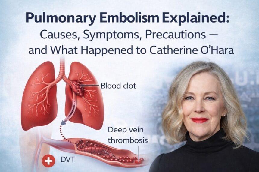 Illustration explaining pulmonary embolism with a blood clot blocking the lung artery, showing deep vein thrombosis traveling from the leg to the lungs, alongside a portrait of actress Catherine O’Hara.