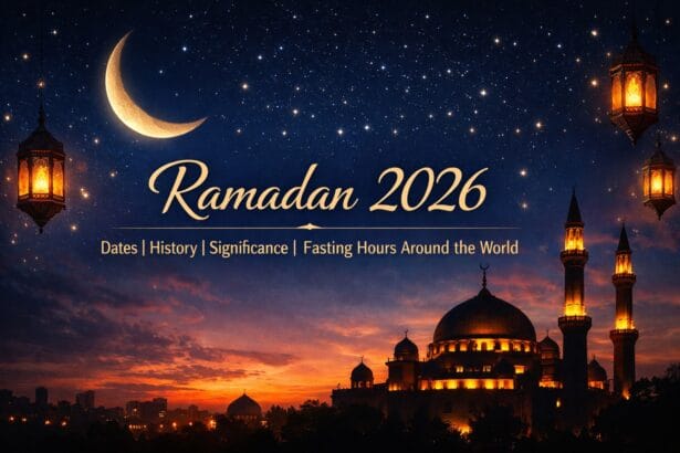 Ramadan 2026 banner featuring crescent moon, illuminated mosque, hanging lanterns and text highlighting dates, history, significance and fasting hours around the world.