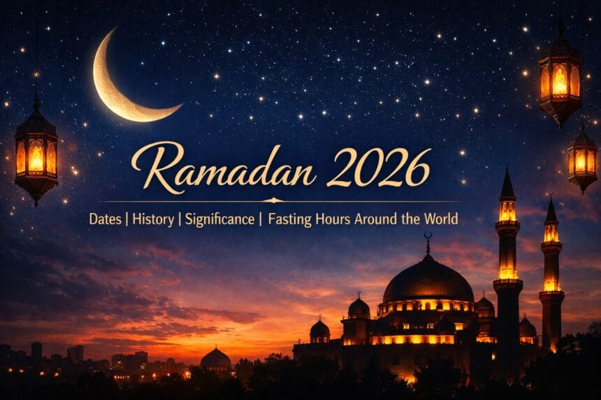 Ramadan 2026 banner featuring crescent moon, illuminated mosque, hanging lanterns and text highlighting dates, history, significance and fasting hours around the world.