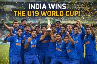 Sooryavanshi takes India ahead. Indian Under-19 cricket team celebrating their World Cup victory on the field with the trophy, players in blue jerseys cheering after defeating England in the final.