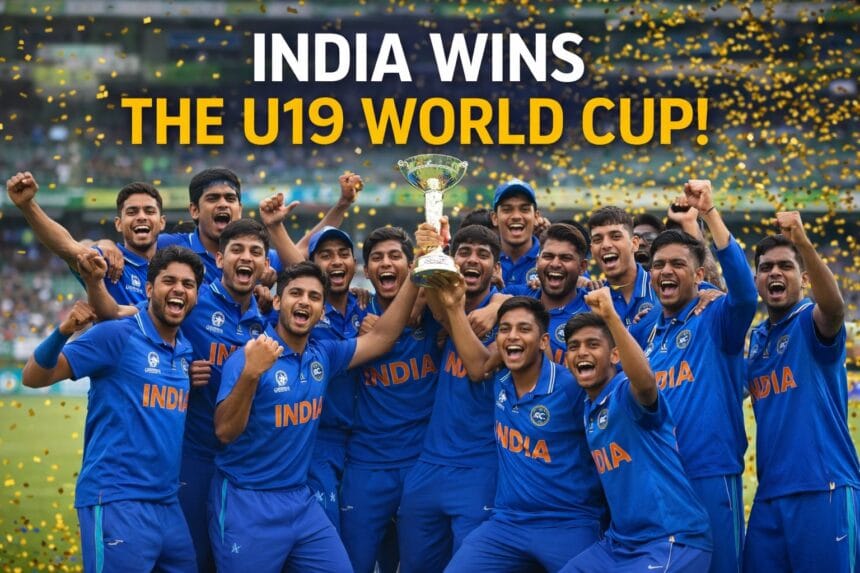 Sooryavanshi takes India ahead. Indian Under-19 cricket team celebrating their World Cup victory on the field with the trophy, players in blue jerseys cheering after defeating England in the final.