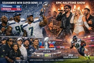 Super Bowl 2026 at Levi’s Stadium showing Seattle Seahawks celebrating their championship win, halftime performance stage, celebrities in the stands, and MVP Kenneth Walker III in action.