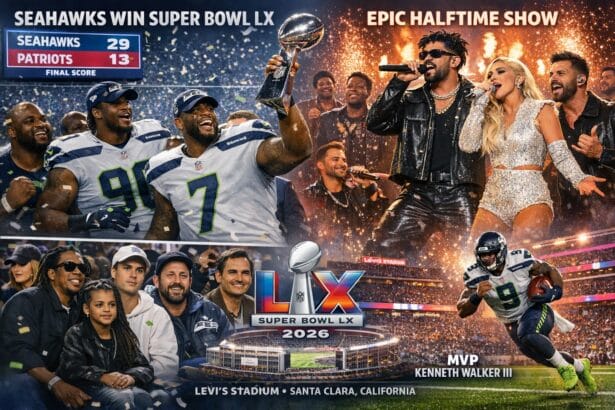 Super Bowl 2026 at Levi’s Stadium showing Seattle Seahawks celebrating their championship win, halftime performance stage, celebrities in the stands, and MVP Kenneth Walker III in action.