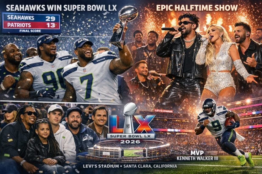 Super Bowl 2026 at Levi’s Stadium showing Seattle Seahawks celebrating their championship win, halftime performance stage, celebrities in the stands, and MVP Kenneth Walker III in action.