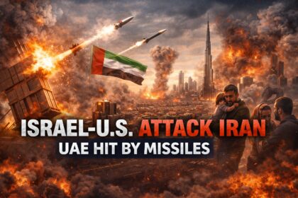 UAE Hit by Missiles after Israel-US strike on Iran 2026, showing missile interceptions over Dubai skyline, explosions near Tehran, and escalating Middle East war tensions.
