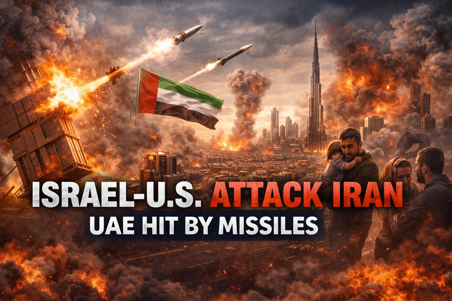 UAE Hit by Missiles after Israel-US strike on Iran 2026, showing missile interceptions over Dubai skyline, explosions near Tehran, and escalating Middle East war tensions.