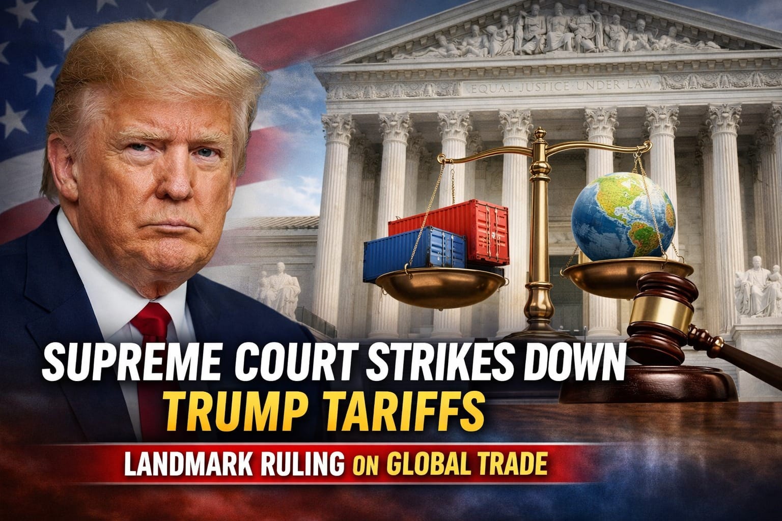 US Supreme Court building with scales of justice balancing global trade containers and globe alongside Donald Trump, symbolizing the US Supreme Court Cancels Trump Tariffs ruling impacting global trade.