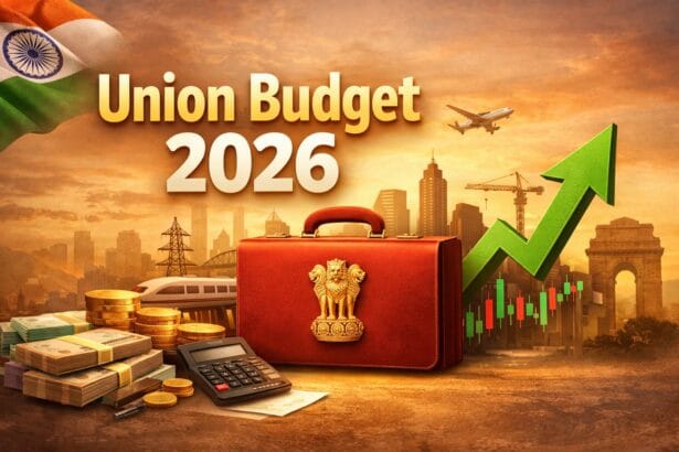 Union Budget 2026 concept image showing India’s national budget briefcase with growth chart, infrastructure skyline, currency stacks and upward economic arrow symbolising India’s economic roadmap.