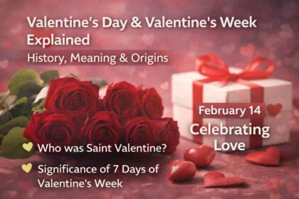 Soft romantic visual featuring red roses, a gift box, and heart elements representing Valentine’s Day and Valentine’s Week, highlighting the history and meaning of the celebration.