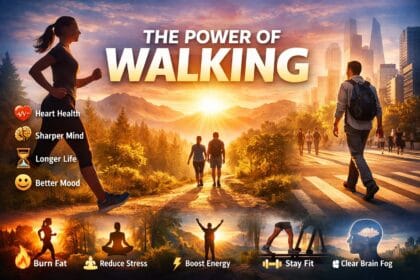 Silhouette of people walking across nature trails and urban pathways at sunrise symbolizing the physical, mental, and longevity benefits of walking exercises.