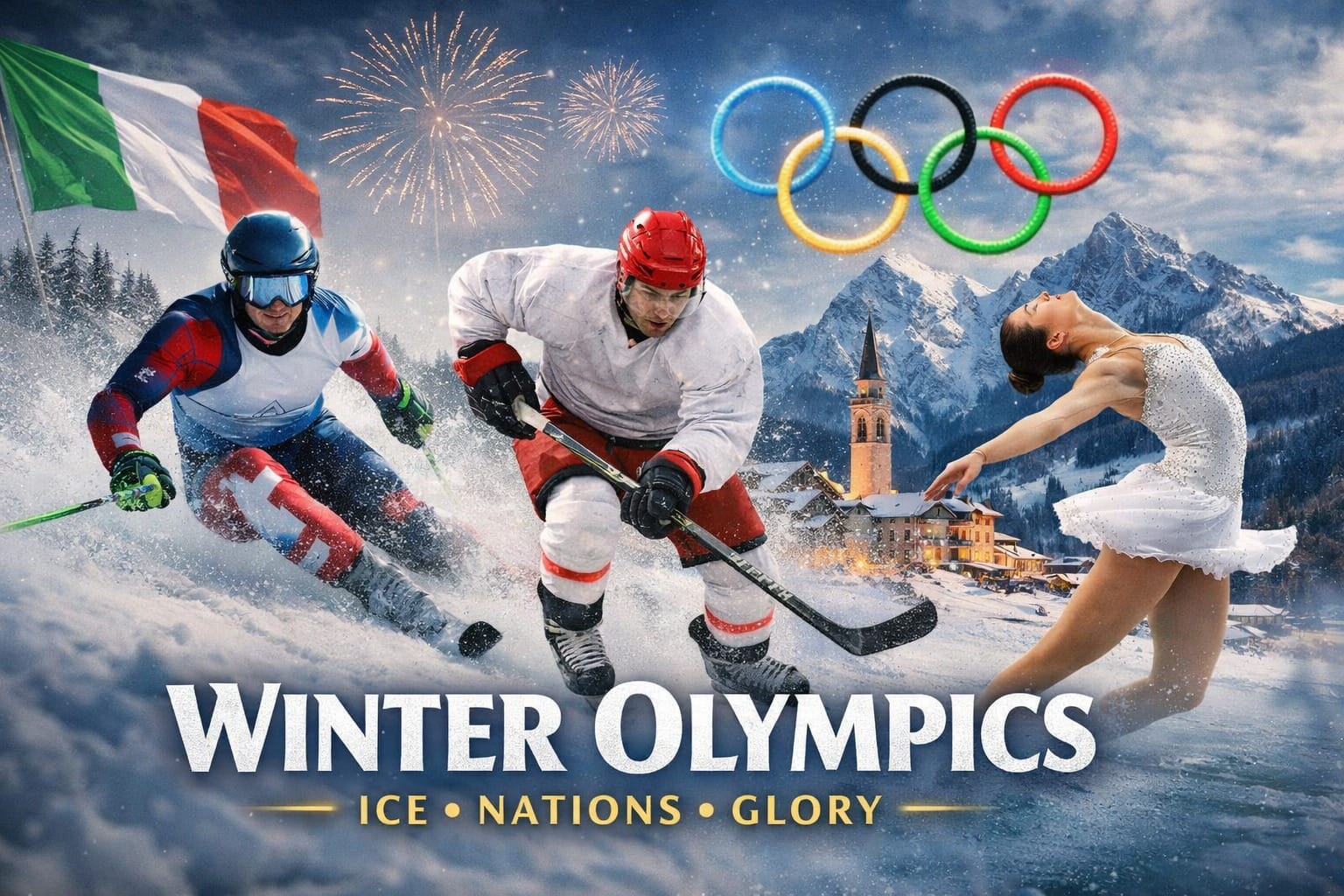 Winter Olympics visual featuring alpine skiing, ice hockey, and figure skating athletes set against snow-covered mountains and an Italian alpine village with Olympic rings in the sky.