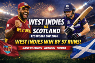 West Indies vs Scotland T20 World Cup 2026 match image showing West Indies celebrating a dominant victory over Scotland in a packed stadium with match result highlighted.