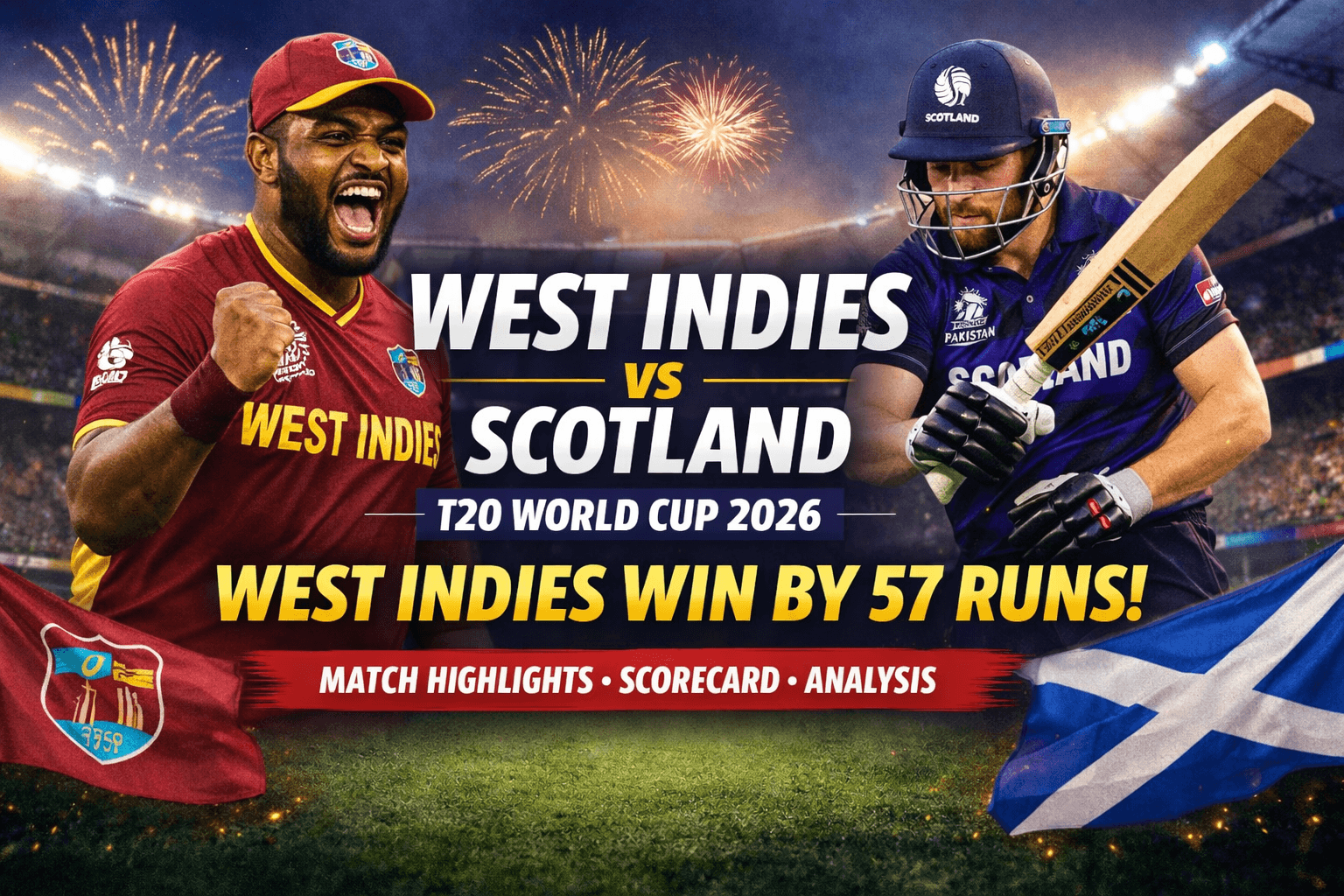 West Indies vs Scotland T20 World Cup 2026 match image showing West Indies celebrating a dominant victory over Scotland in a packed stadium with match result highlighted.