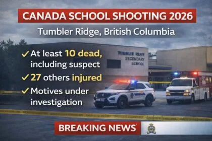 News graphic showing Tumbler Ridge Secondary School in British Columbia with police and ambulance vehicles outside, highlighting the Canada school shooting 2026 with multiple casualties under investigation.