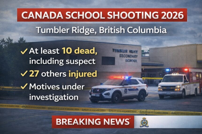 News graphic showing Tumbler Ridge Secondary School in British Columbia with police and ambulance vehicles outside, highlighting the Canada school shooting 2026 with multiple casualties under investigation.