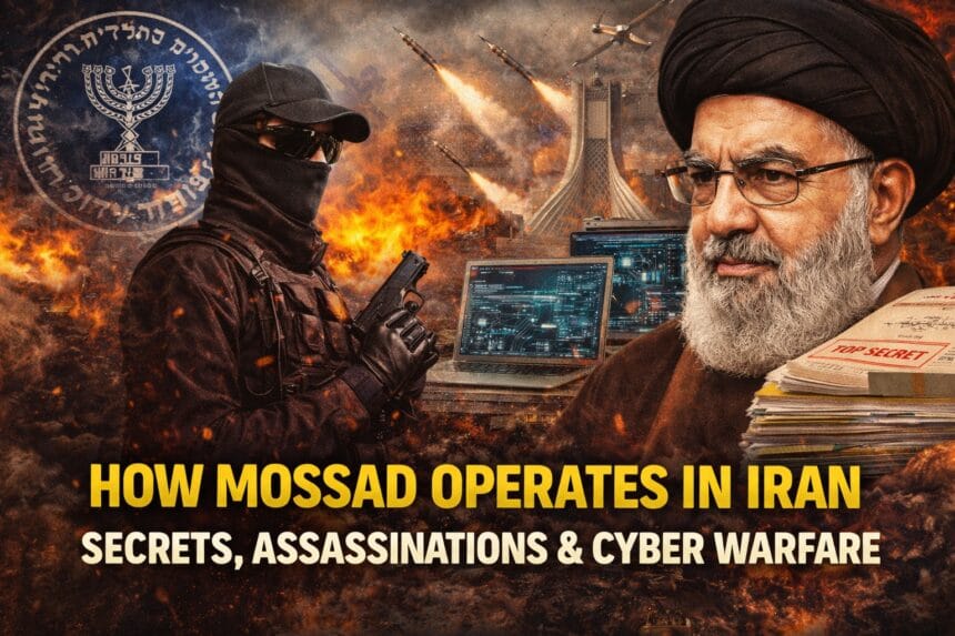 Mossad operations in Iran illustration showing cyber hacking visuals, surveillance cameras, drone strike imagery and intelligence networks operating inside Tehran.
