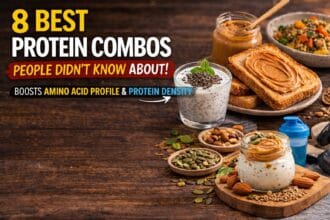 Healthy foods like chia yogurt, peanut butter toast, seeds, nuts, and quinoa representing powerful Veg Protein Combos that improve amino acid profile and increase protein density naturally.