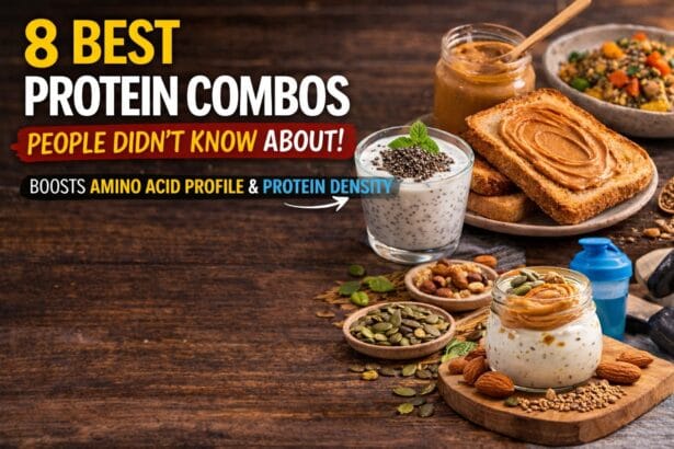 Healthy foods like chia yogurt, peanut butter toast, seeds, nuts, and quinoa representing powerful Veg Protein Combos that improve amino acid profile and increase protein density naturally.