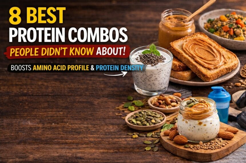 Healthy foods like chia yogurt, peanut butter toast, seeds, nuts, and quinoa representing powerful Veg Protein Combos that improve amino acid profile and increase protein density naturally.