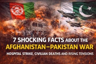 Pakistani Airstrike on Kabul illustrated with Afghanistan Pakistan war graphic showing hospital destruction, fighter jets, explosions, and national flags amid rising tensions.