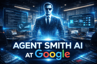 Agent Smith AI at Google visualized as a futuristic AI agent managing workflows inside a tech office