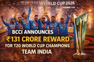 India’s T20 World Cup 2026 victory celebration background with confetti and trophy as BCCI's Cash reward of ₹131 crore for Team India after winning the ICC Men’s T20 World Cup.
