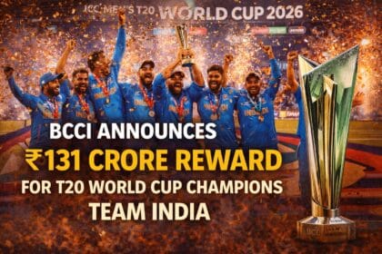 India’s T20 World Cup 2026 victory celebration background with confetti and trophy as BCCI's Cash reward of ₹131 crore for Team India after winning the ICC Men’s T20 World Cup.