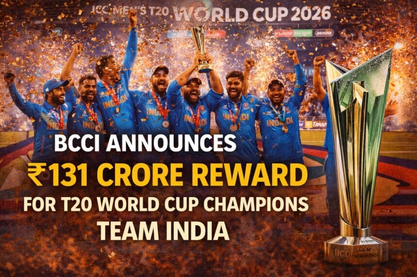 India’s T20 World Cup 2026 victory celebration background with confetti and trophy as BCCI's Cash reward of ₹131 crore for Team India after winning the ICC Men’s T20 World Cup.