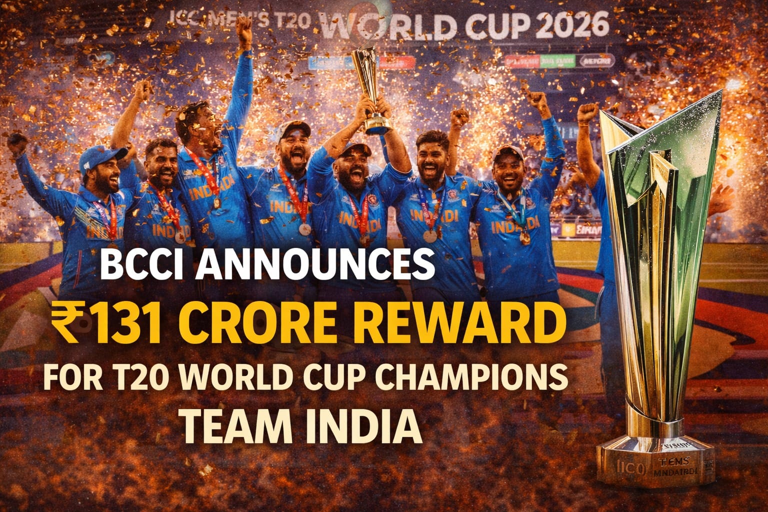 India’s T20 World Cup 2026 victory celebration background with confetti and trophy as BCCI's Cash reward of ₹131 crore for Team India after winning the ICC Men’s T20 World Cup.