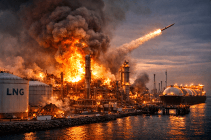 Iran Strikes Qatar LNG Plant showing missile attack on Ras Laffan facility with massive explosions, fire, LNG storage tanks, and disrupted energy infrastructure in the Middle East war.