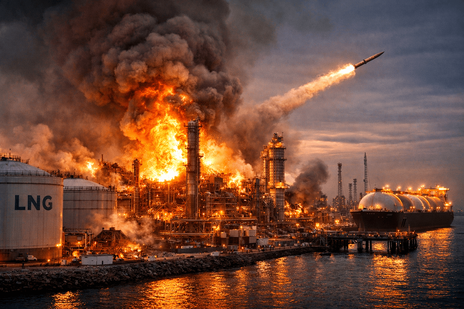 Iran Strikes Qatar LNG Plant showing missile attack on Ras Laffan facility with massive explosions, fire, LNG storage tanks, and disrupted energy infrastructure in the Middle East war.