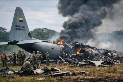 Colombia plane crash 2026 C-130 military aircraft wreckage with smoke and rescue teams near crash site