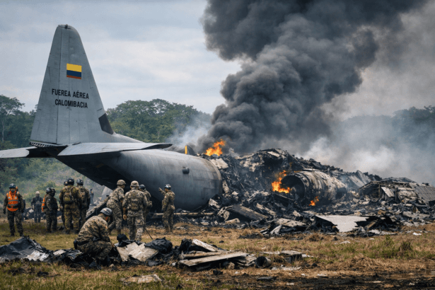 Colombia plane crash 2026 C-130 military aircraft wreckage with smoke and rescue teams near crash site
