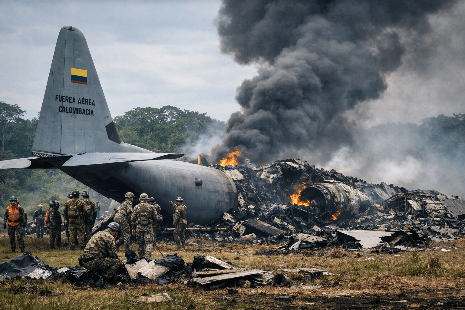 Colombia plane crash 2026 C-130 military aircraft wreckage with smoke and rescue teams near crash site
