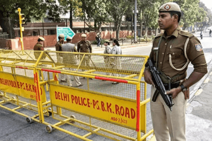 Delhi Assembly bomb threat 2026 security alert with police and barricades outside Vidhan Sabha building in New Delhi