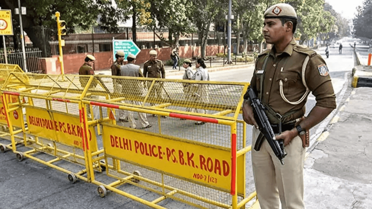 Delhi Assembly bomb threat 2026 security alert with police and barricades outside Vidhan Sabha building in New Delhi