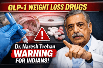 GLP-1 drugs risks for Indians highlighted with weight loss injection pen, warning symbol, and Dr Naresh Trehan pointing with concern about misuse of weight loss drugs
