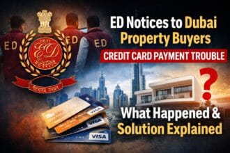 ED Notices to Dubai Property Buyers Explained thumbnail showing Enforcement Directorate officials, Dubai skyline, luxury villa, and credit cards highlighting legal issues in overseas property payments