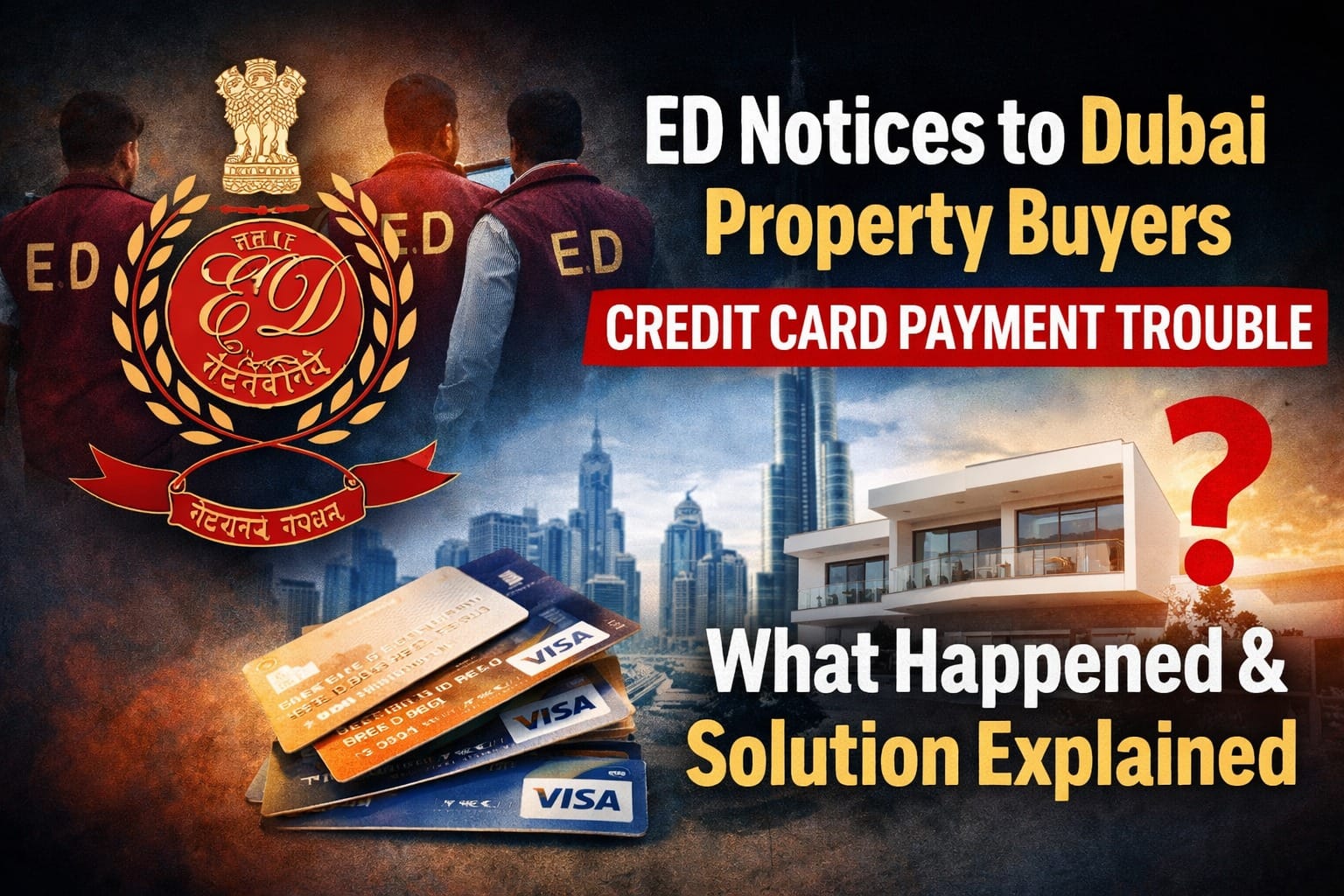 ED Notices to Dubai Property Buyers Explained thumbnail showing Enforcement Directorate officials, Dubai skyline, luxury villa, and credit cards highlighting legal issues in overseas property payments