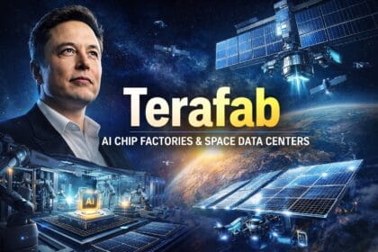 Terafab concept illustration showing Elon Musk with AI chip factories and solar-powered space data centers orbiting Earth in a futuristic setting