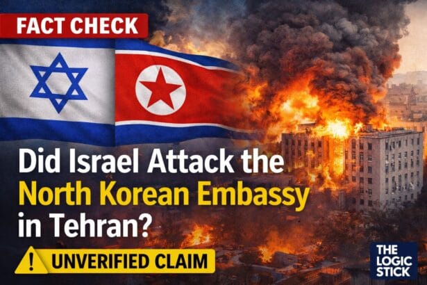 News graphic illustrating the fact-check investigation into the viral claim “Did Israel Attack the North Korean Embassy” in Tehran, showing flags and a burning building symbolizing the misinformation circulating online.