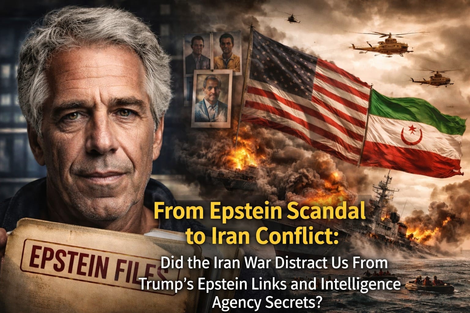 Split-image illustration showing Jeffrey Epstein and a folder labeled “Epstein Files” on one side, contrasted with scenes of the Iran war including explosions, warships, and military aircraft, symbolizing the shift in global attention From Epstein Scandal to Iran Conflict.