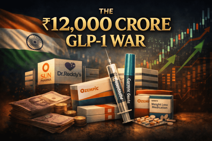 GLP-1 Drug War in India showing semaglutide injections, Indian pharma companies, and rising market trend representing ₹12,000 crore industry battle