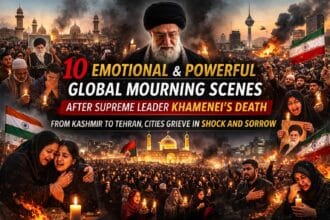 Global mourning scenes after Supreme Leader Khamenei’s death showing candlelight vigils and grieving crowds in Kashmir, Tehran, India, Baghdad and cities worldwide.
