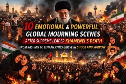Global mourning scenes after Supreme Leader Khamenei’s death showing candlelight vigils and grieving crowds in Kashmir, Tehran, India, Baghdad and cities worldwide.